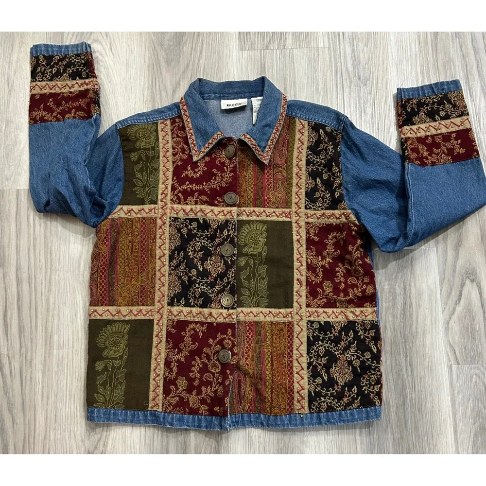Units Womens Patchwork Tapestry Denim Jacket Cotton Blend Medium Blue Multicolor